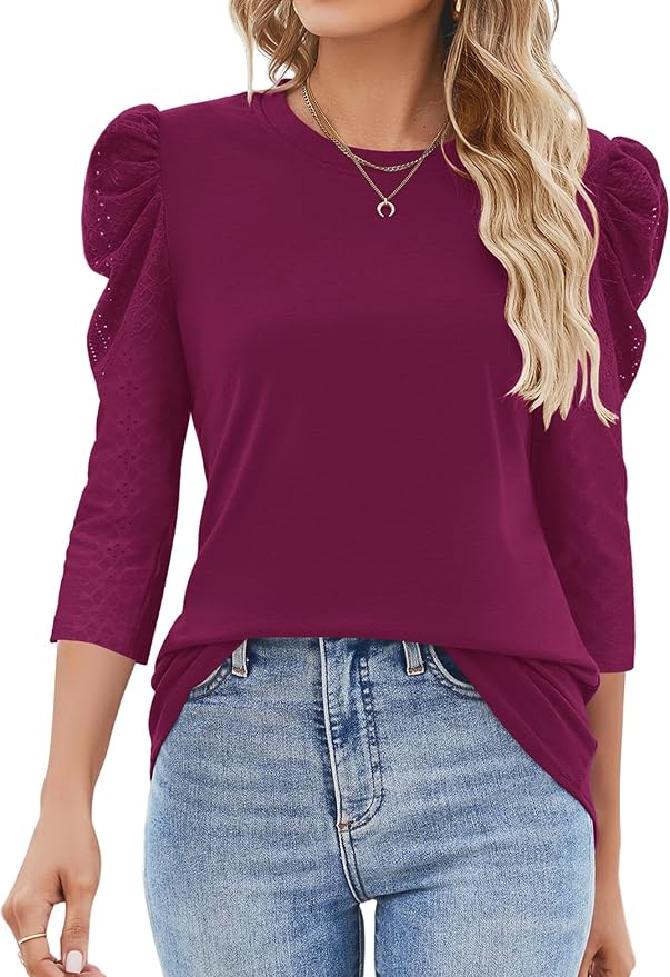 Ivicoer 3/4 Length Sleeve Womens Tops Summer Spring Tops for Women 2025 Puff Lace Sleeve Shirts Blouses