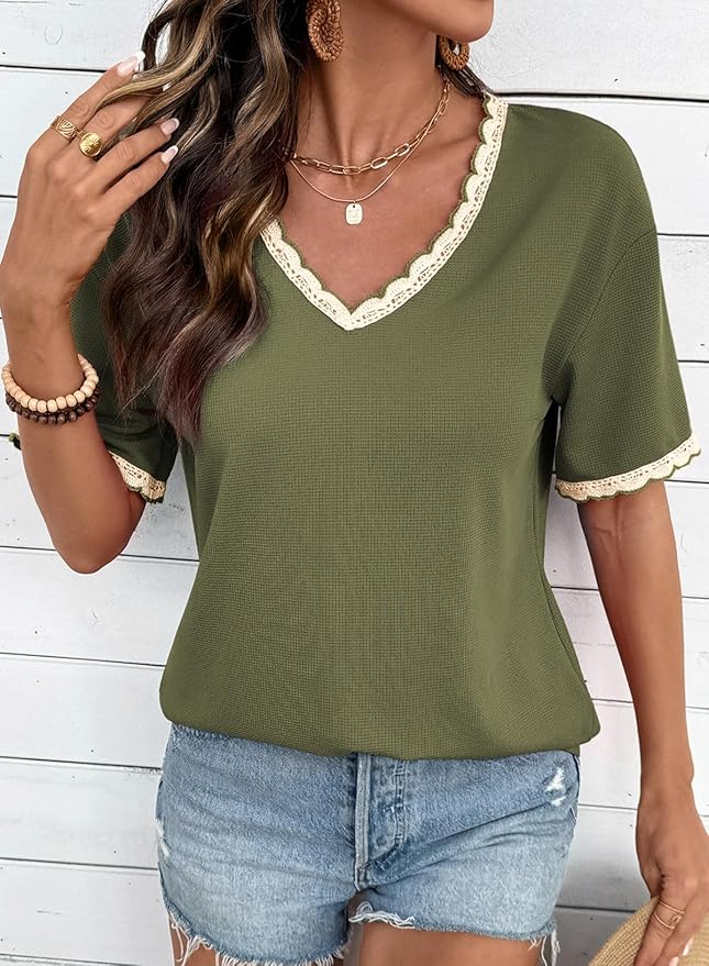 Dokotoo Womens Summer Tops Casual Short Sleeve Lace T-Shirts Solid V Neck Waffle Knit Shirts Blouses
