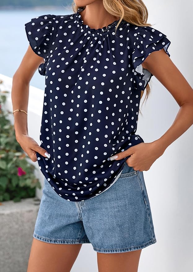 PRETTYGARDEN Women's Ruffle Short Sleeve Summer Tops 2026 Trendy Floral Trim Neck Casual Dressy Chiffon Boho Blouses Shirts