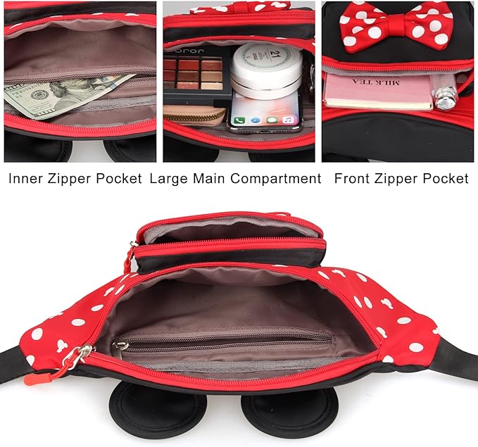Cute Fanny Pack for Girls Kids Travel Waist Pack Bowknot Polka Dot Mini Mouse Fanny Packs Teen Girls Cartoon Belt Bag Hiking Bum Bags Outdoor Waist Bag with Mouse Ears