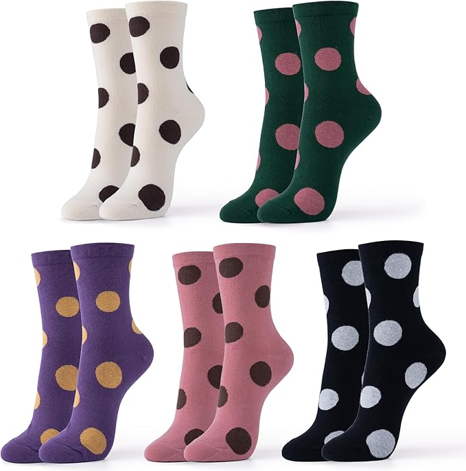 Kikiya Women's Cotton Crew Socks - Cute Flower Graphic Polka Dot Striped Heart Patterned - Ladies Girls Casual Socks Size 6-8