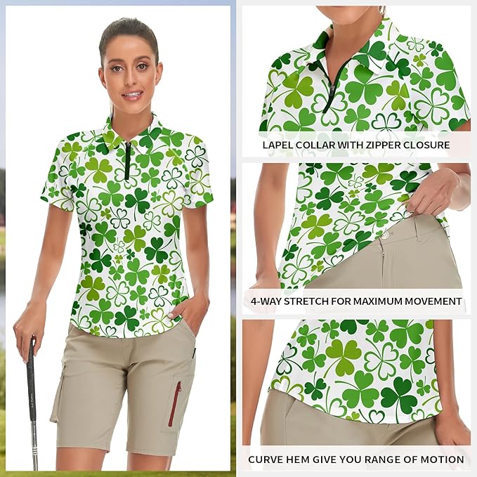 Women's Golf Shirt Short Sleeve Tennis Shirt Quarter Zip Golf Pullover Golf Polo Shirts Argyle Tops