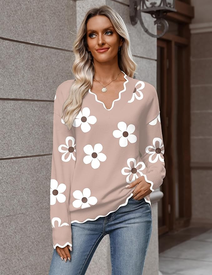 Zeagoo Women's 2026 Fall V Neck Sweater Casual Long Sleeve Lightweight Ribbed Knit Pullover Sweaters Dressy Casual Tops
