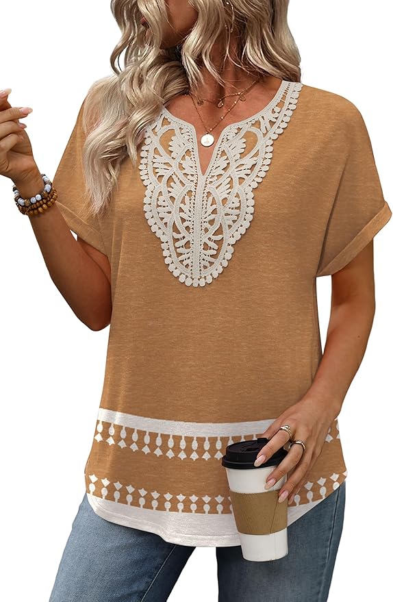 Sipaya Womens Blouses Dressy Casual Summer Shirts Short Sleeve Lace Front Boho Tunic Tops for Leggings Fashion Clothes