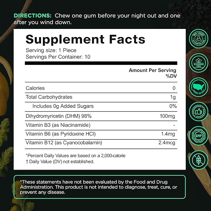 SuperBonsai The Drinking Gum – Revival Mint, Functional Chewing Gum with DHM and B Vitamins B3 B6 B12, Cool Mint Flavor for Nights Out, Celebrations and Morning Reset, 20 Count (Pack of 2)
