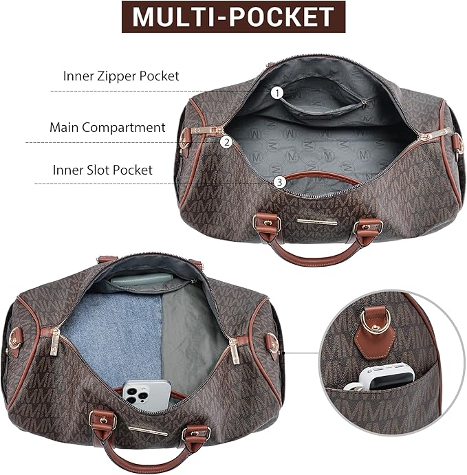 Women PU Leather Monogrammed Duffel Bag for Men- Scratch-Resistant Waterproof, Multi-Pocket Design, Large Capacity Carry-On for Gym Yoga Work Travel Weekender