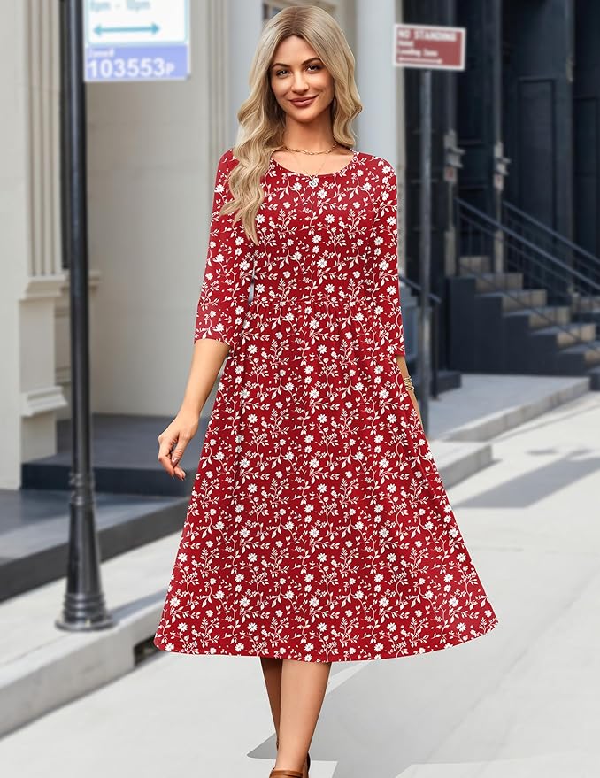 Zeagoo 3/4 Sleeve Women's Dress Casual Flowy A-Line Midi Tshirt Dresses with Pockets Crewneck Vocation Boho Beach Sundress