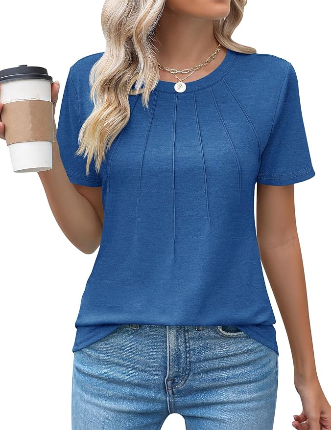Kistore Womens Casual Crew Neck Short Sleeve Pleated Tops Blouses Fashion Clothes 2026