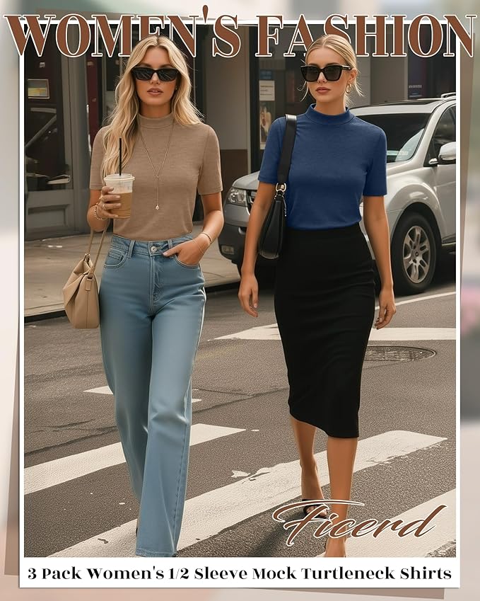 Ficerd 3 Pack Women's 1/2 Sleeve Mock Turtleneck Shirts, Elbow Length Shirt Half Sleeve Tunic Top Casual Summer Basic Tees