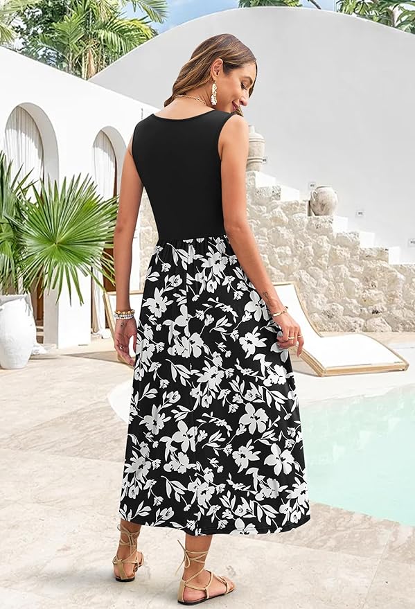 WNEEDU Women's Summer Maxi Dress 2026 Casual Sleeveless Hawaiian Sundress Tropical Long Dress Beach Vacation Outfit