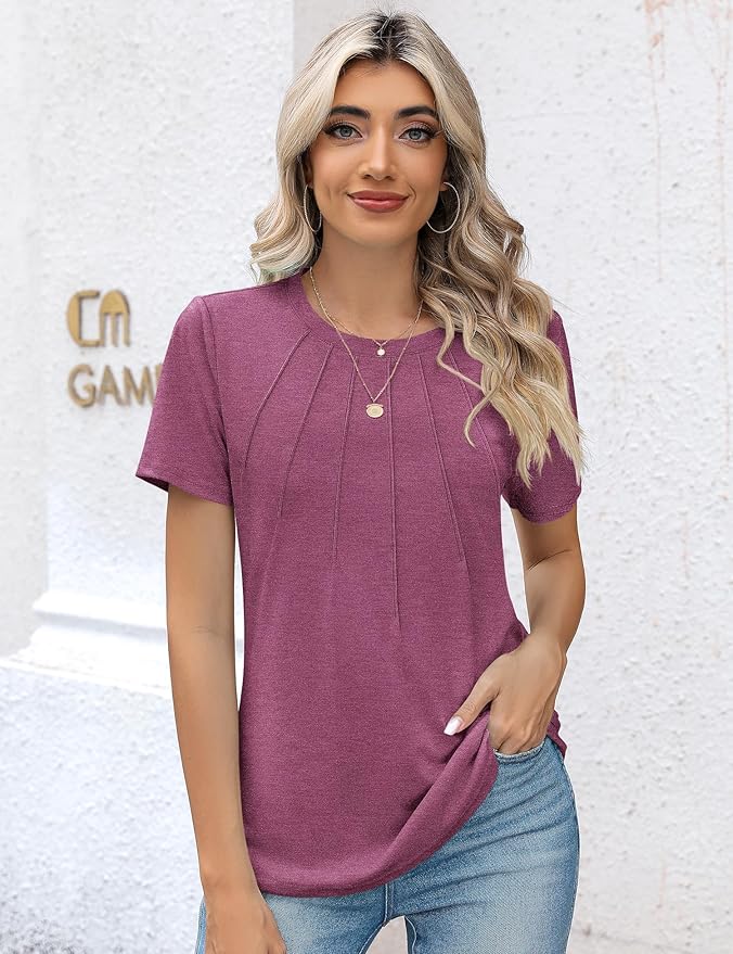 Kistore Womens Casual Crew Neck Short Sleeve Pleated Tops Blouses Fashion Clothes 2026