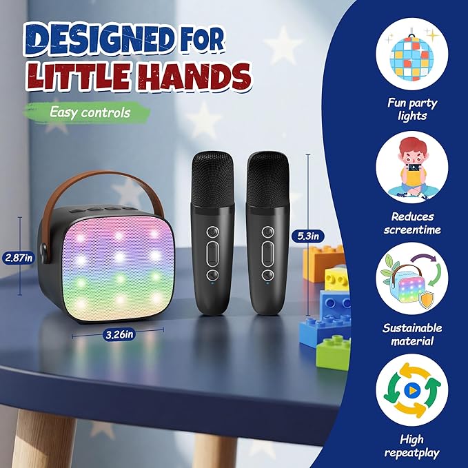 YLL Mini Karaoke Machine with 2 Wireless Microphones for Kids Adults, Portable Bluetooth Speaker, 2026 Top Birthday Gift for Boys Girls 3, 4, 5, 6, 7, 8, 9, 10, 12+ Years Old Grandkids Present (Black)