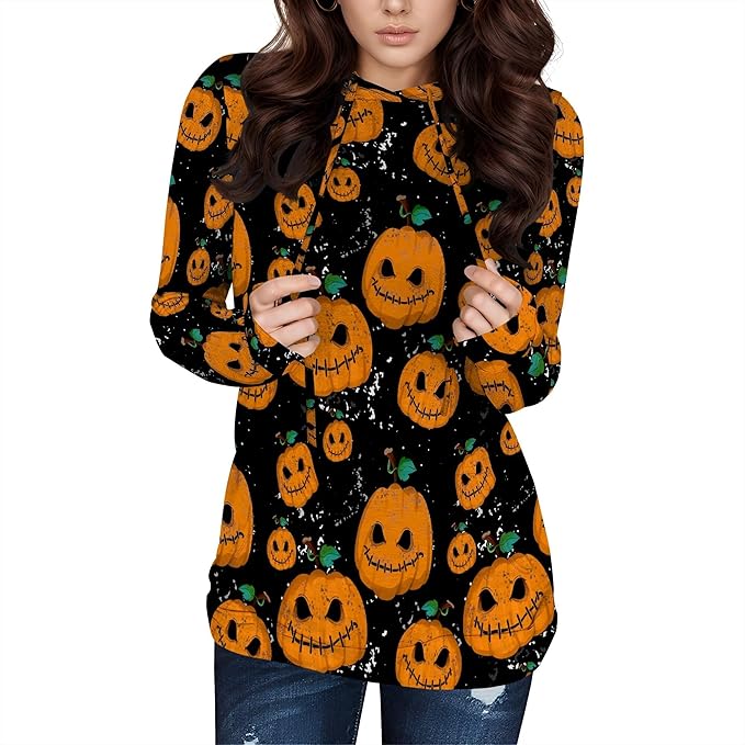 domirica Halloween Sweatshirts For Women Long Sleeve Spooky Graphic Sweatshirts Pumpkin Pullover Halloween Party Club Wear