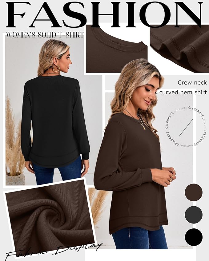 Ficerd 3 Pack Women's Long Sleeve Shirts, Cotton Crew Neck Tunic Tops Casual Loose Fit Pullover Sweatshirts Curved Hem Shirts