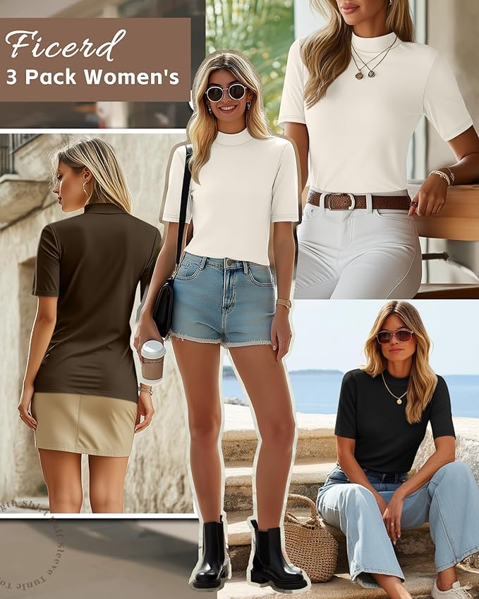 Ficerd 3 Pack Women's 1/2 Sleeve Mock Turtleneck Shirts, Elbow Length Shirt Half Sleeve Tunic Top Casual Summer Basic Tees