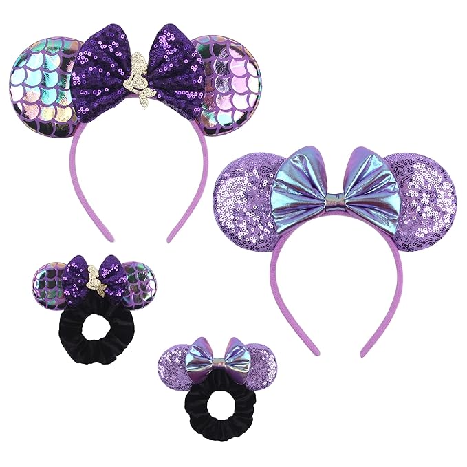 zhezesmila 4 Set Mermaid Mouse Ears Headband and Scrunchies Sequin Headband with Velvet Ears Scrunchies Hair Accessory for Women Birthday Party