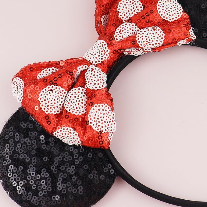 LIHELEI Mouse Ears Headband with Sequin Bows, Headbands for Kids Halloween Costume, Headwear Hair Accessories for Women Girls - Red and Black Headband-B