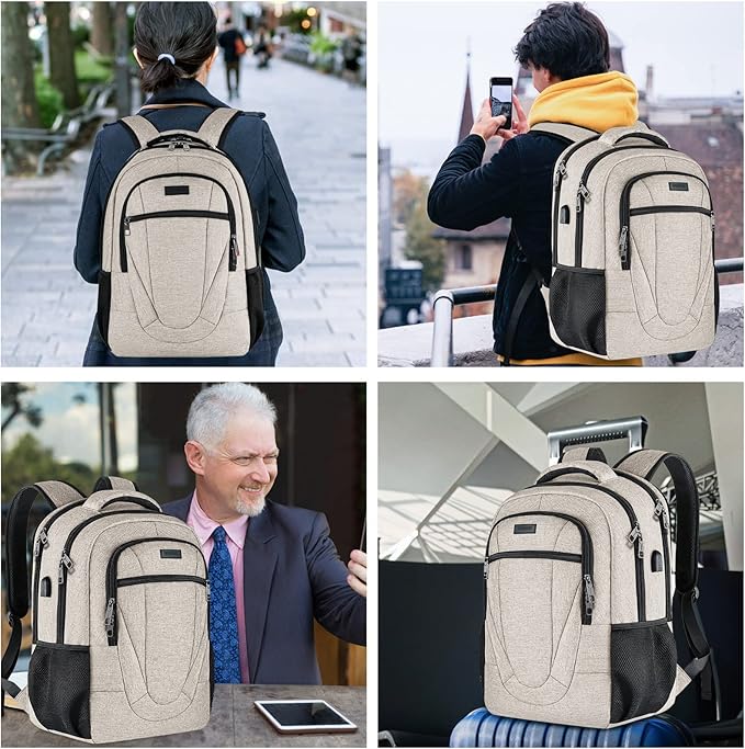 BIKROD Backpack for Women and Men, Extra Large School Backpacks for Teens, Water Resistant Back Pack with USB Charging Port Fits 17 Inch Laptop, Business Anti Theft Sturdy Computer Bag Gifts, Beige
