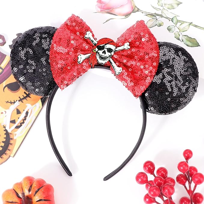 DRESHOW Pirate Themed Mouse Ears Headband with Bow Glitter Party Decoration Halloween Cosplay Costume for Women