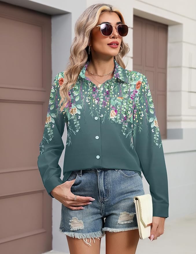 HOTOUCH Button Down Shirts for Women Long Sleeve Blouse Dressy Casual Business Work Tops with Pocket
