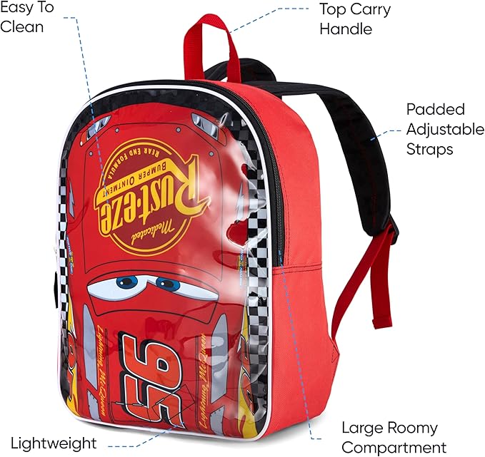 Disney Cars Backpack for Kids 15” | Cars Bookbag for Boys | Padded Straps & Large Zip Compartment | Lightning McQueen Backpack Cars Back to School Supplies