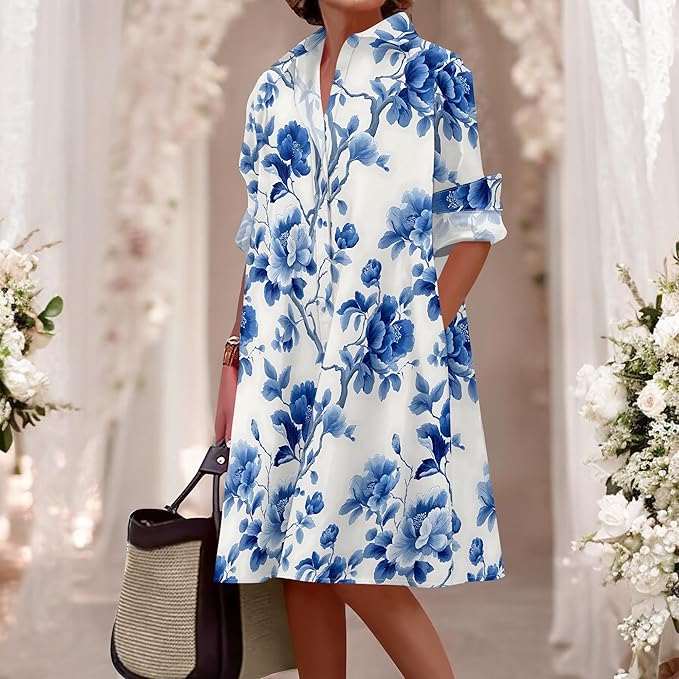 Shirt Dresses for Women 2025 Summer Long Sleeve Casual Plus Size Floral Printed Beach Vacation Dress with Pockets