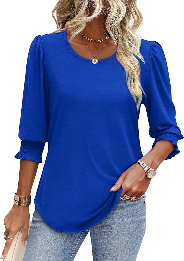 XIEERDUO Blouses for Women Dressy Casual 3/4 Length Sleeve Womens Tops with Smocked Cuffs