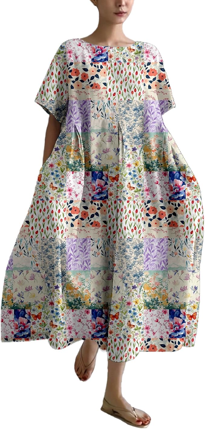 MARSVOVO Patchwork Flowy Dresses for Women Plus Size Loose Casual Tunic Dress Elegant Crewneck Maxi Dresses with Pockets
