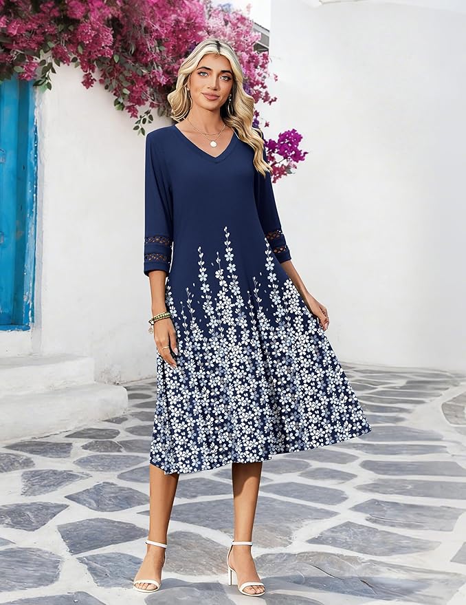 Zeagoo Women's Dresses 3/4 Sleeve Summer Casual V-Neck A Line Flowy Eyelet Midi Dress for Women Beach Vacation Sundress