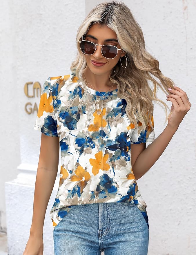 Kistore Womens Casual Crew Neck Short Sleeve Pleated Tops Blouses Fashion Clothes 2026