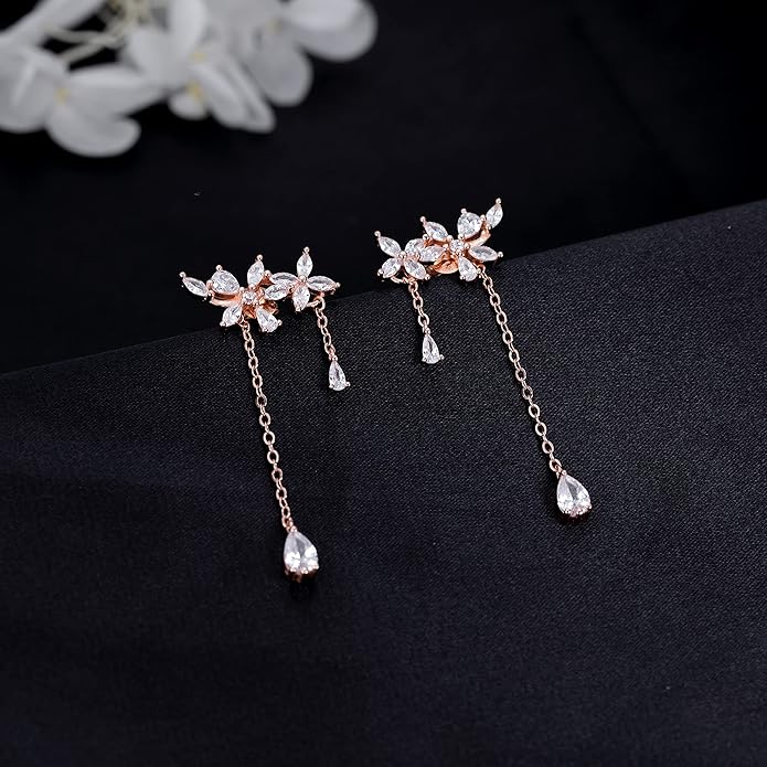 SLUYNZ 925 Sterling Silver CZ Flowers Wrap Dangle Chain Earrings - Elegant Bridal Wedding Engagement Drop Earrings