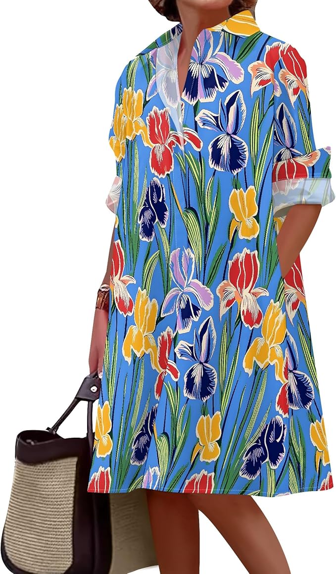 Shirt Dresses for Women 2025 Summer Long Sleeve Casual Plus Size Floral Printed Beach Vacation Dress with Pockets