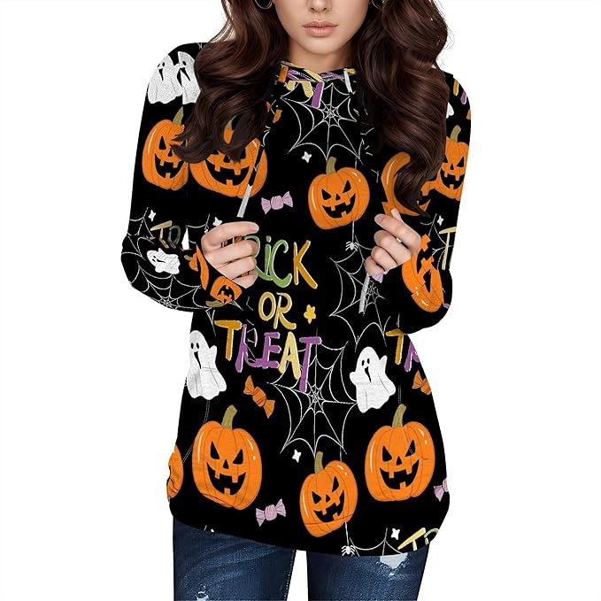 domirica Halloween Hooded Sweatshirt Long Sleeve Pocket Trendy Pumpkin Skull Sweatshirt Halloween Costumes For Holiday Party