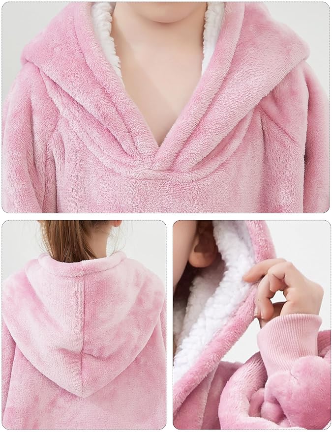 KFUBUO Wearable Blanket Hoodie for Kids Sherpa Patterns Oversized Sweatshirt Blanket With Pocket 6-10 Year Old Girls&Boys Birthday Gifts Pink