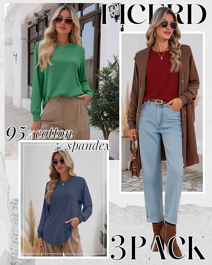 Ficerd 3 Pack Women's Long Sleeve Shirts, Cotton Crew Neck Tunic Tops Casual Loose Fit Pullover Sweatshirts Curved Hem Shirts