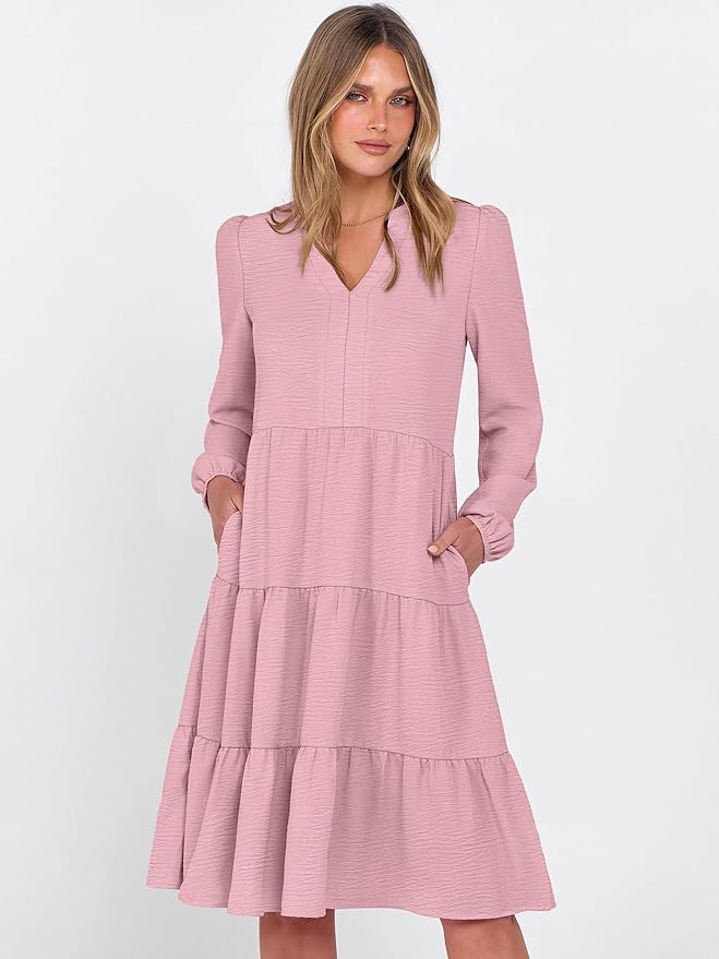 ANRABESS Womens Fall Midi Dresses Long Sleeve V Neck Swing Tiered Work Business Casual 2026 Flowy Beach Vacation Dress