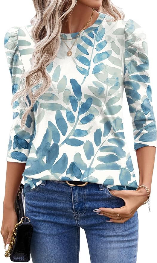 Ivicoer 3/4 Length Sleeve Womens Tops Summer Spring Tops for Women 2025 Puff Lace Sleeve Shirts Blouses