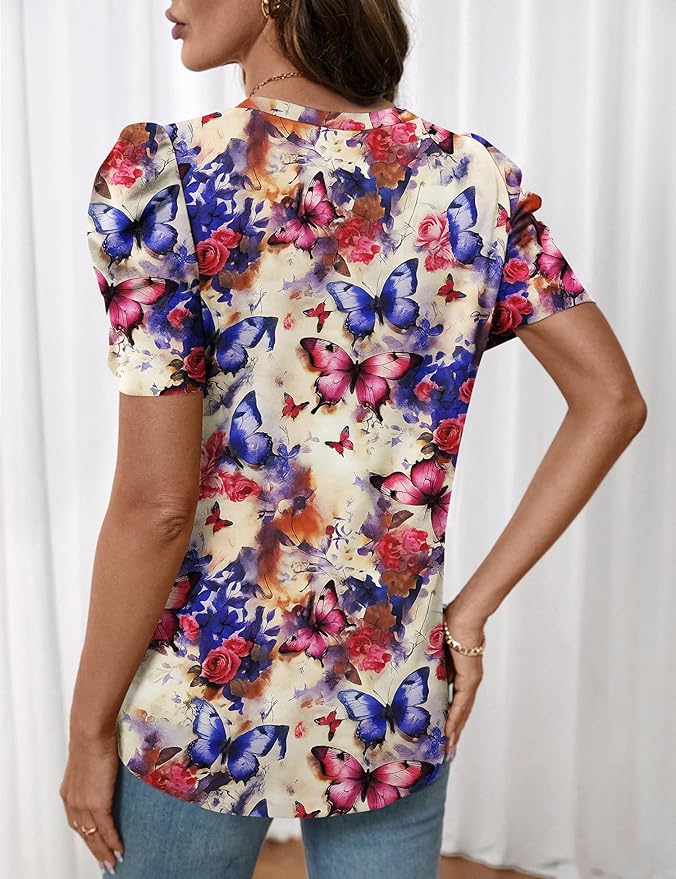 Lomon Spring Summer Tops for Women 2026 V Neck Puff Short Sleeve Tops Fashion Trendy Work Blouses Dressy Casual S-XXL