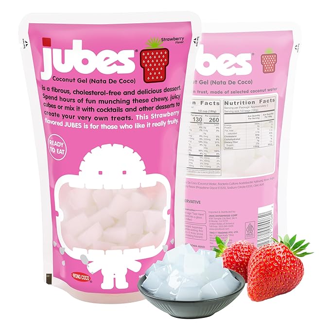 Jubes Strawberry Nata De Coco Jelly Cubes, 12.7 oz - Strawberry Coconut Jelly Cubes for Sago - Coconut Gel in Syrup Toppings for Fruit Tea, Boba, Bubble Tea, Drinks, Desserts Yogurt, Ice Cream, Beverage