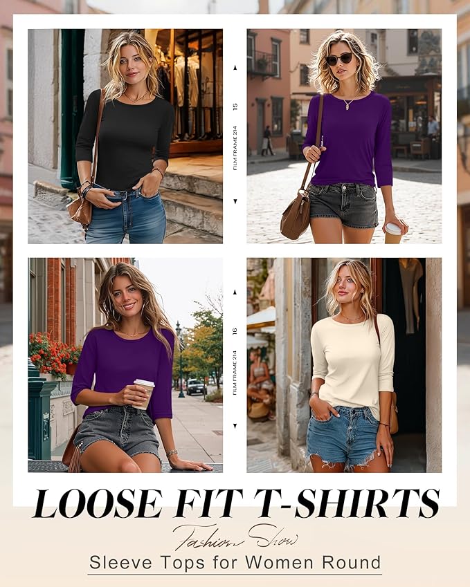Ficerd 3 Pack 3/4 Sleeve Tops for Women Round Neck Dressy Basics Tees Casual Trendy Loose Fit T Shirts