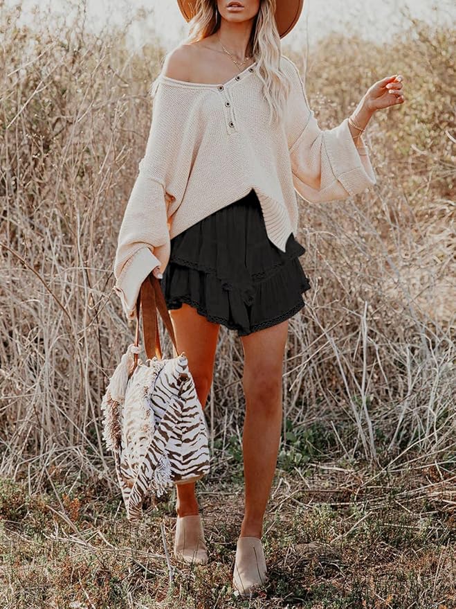 Aoudery Flowy Shorts for Women Casual Boho Ruffle Tiered Skorts High Waist Mini Skirts Golf Tennis Crochet Shorts