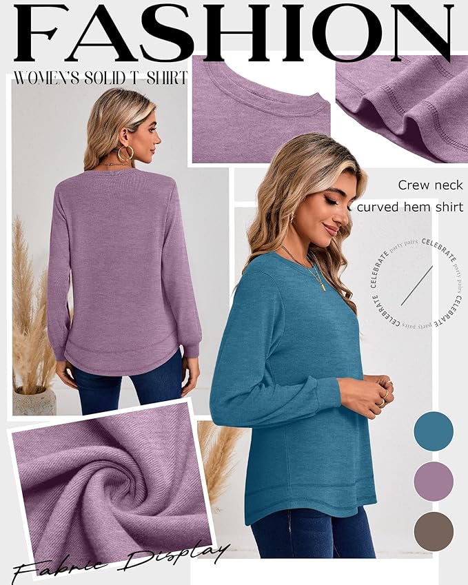 Ficerd 3 Pack Women's Long Sleeve Shirts, Cotton Crew Neck Tunic Tops Casual Loose Fit Pullover Sweatshirts Curved Hem Shirts