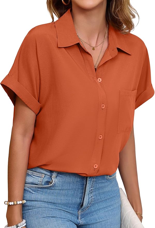 Womens Button Down Shirt Casual Short Sleeve Collared Work Blouse with Pocket