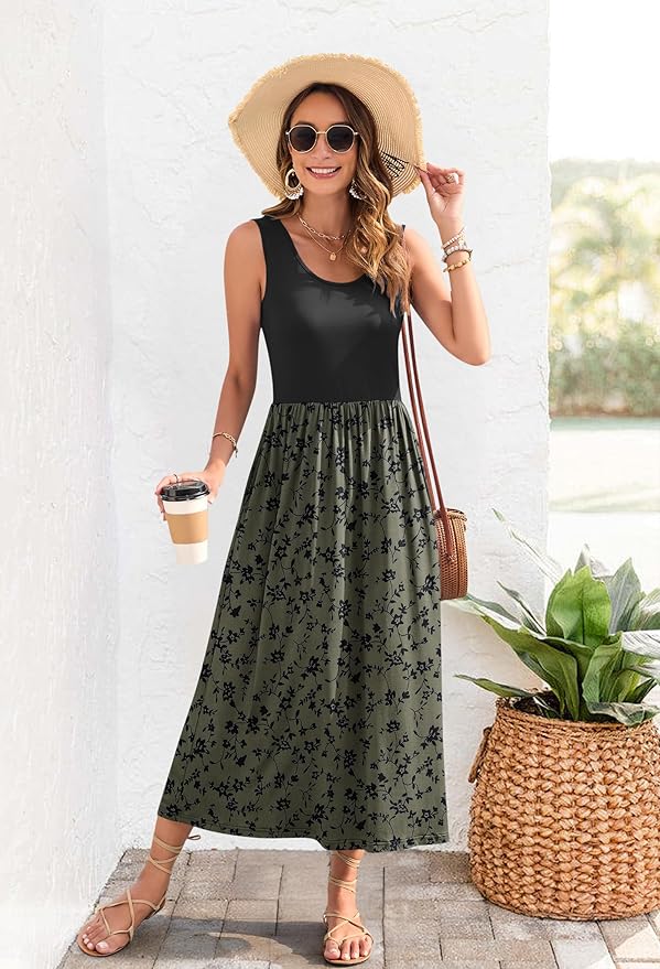 WNEEDU Women's Summer Maxi Dress 2026 Casual Sleeveless Hawaiian Sundress Tropical Long Dress Beach Vacation Outfit