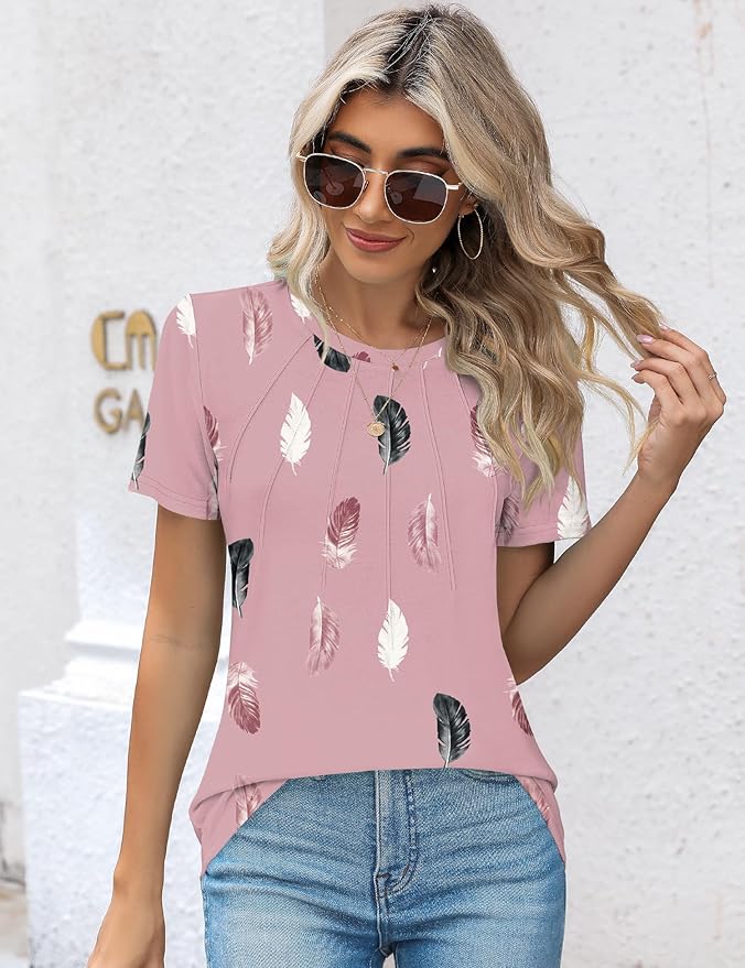 Kistore Womens Casual Crew Neck Short Sleeve Pleated Tops Blouses Fashion Clothes 2026