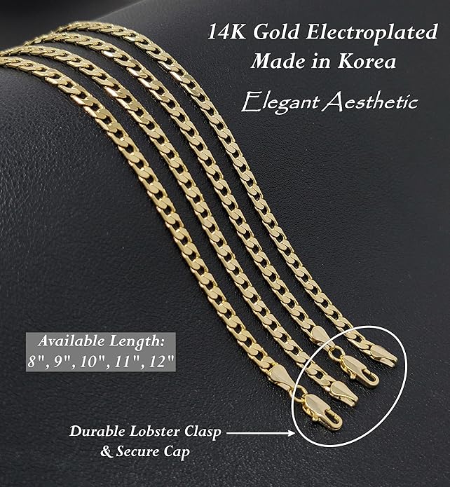 BA UNIQUE FASHION Gold Electroplated Anklet for Women, 9-12 Inch Sizes, Figaro, Cuban, Mariner, Herringbone Design - Made in Korea
