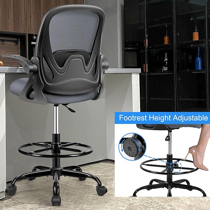 Drafting Chair Tall Office Chair with Flip-up Armrests, Adjustable Height, Enhanced Lumbar Support Ergonomic Rolling Stool, Back Support, Adjustable Foot Rest Ring for Standing Desk Dark Gray