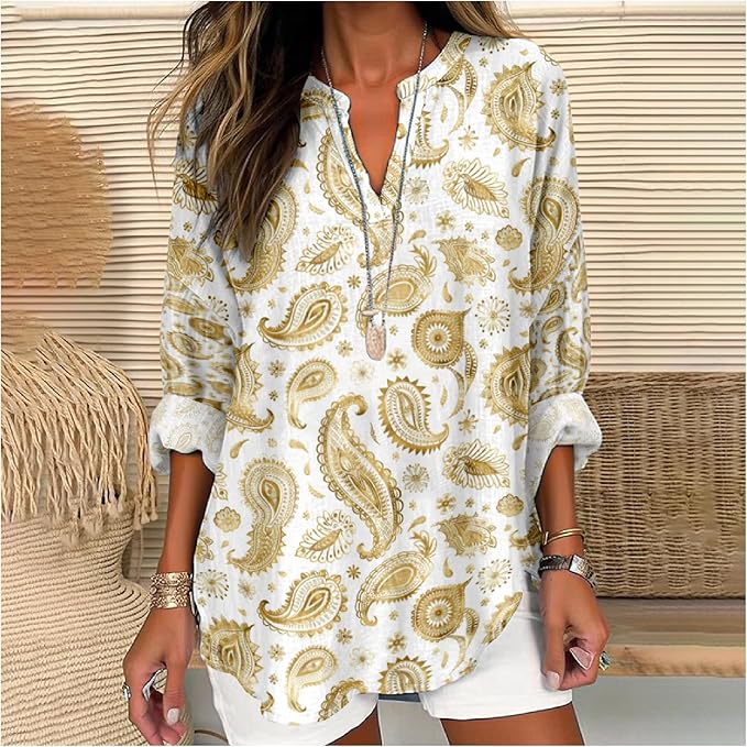 MARSVOVO V Neck Shirt For Women Boho Multi Style Blouse Long Sleeve Novelty Graphic Plus Size Pullover Tops For Women