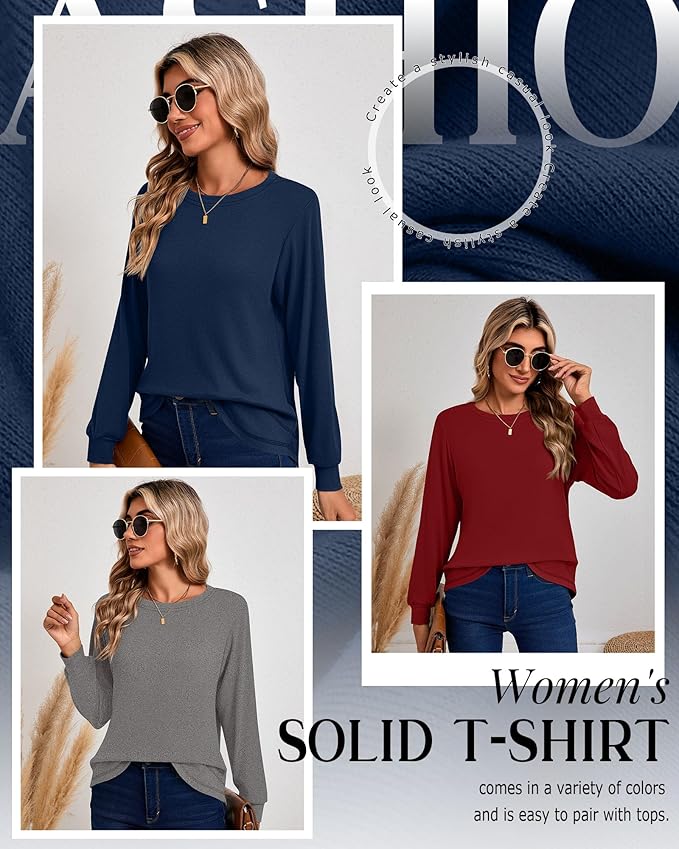 Ficerd 3 Pack Women's Long Sleeve Shirts, Cotton Crew Neck Tunic Tops Casual Loose Fit Pullover Sweatshirts Curved Hem Shirts