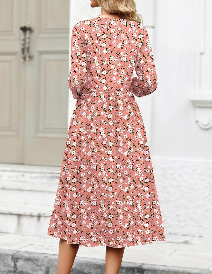 Zeagoo 3/4 Sleeve Women's Dress Casual Flowy A-Line Midi Tshirt Dresses with Pockets Crewneck Vocation Boho Beach Sundress